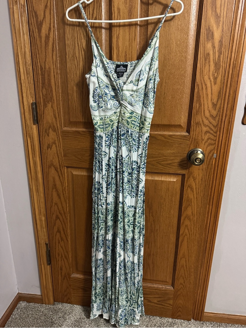 Angie White Maxi Dress with Green & Blue Paisley